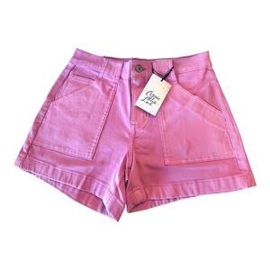 NEW Cosmic Blue Love Mid Rise Denim SHORT Womens 27/4 Pink Camelia Rose 5 Pocket